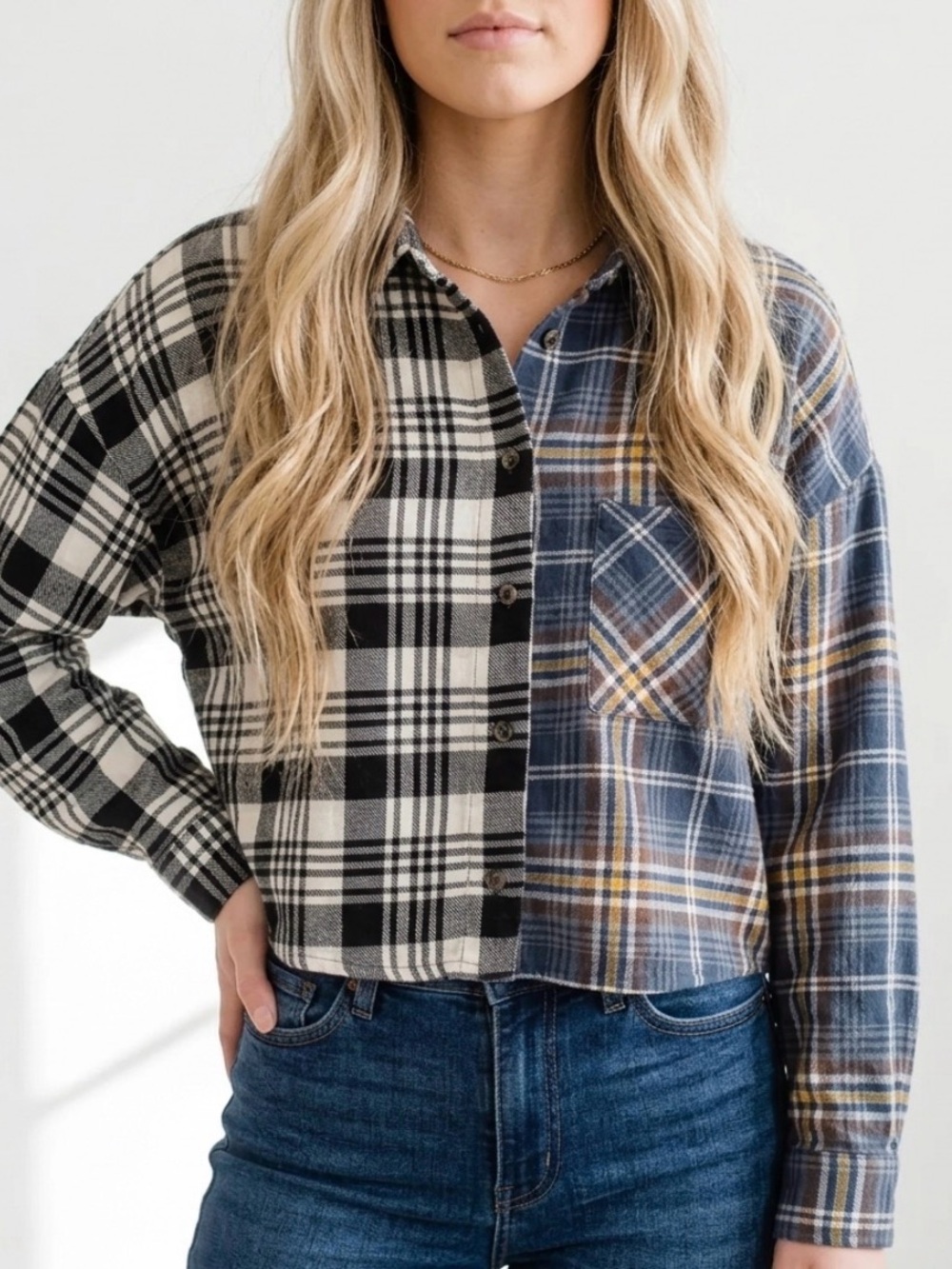 PlanetGold Mixed Plaid Flannel Shirt
Patchwork Button Front Y2K-inspired Grunge
